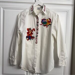 VTG Disney Women’s Size L X-mas Themed White Long Sleeve Dress Shirt Embroidered
